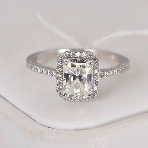 Certified 2.0 ct Halo Radiant Cut Moissanite Engagement Ring 925 Sterling